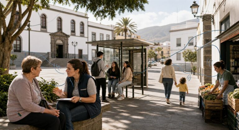 Una trabajadora municipal conversa con una vecina mientras distintas señales de la vida pública conectan la ciudad.