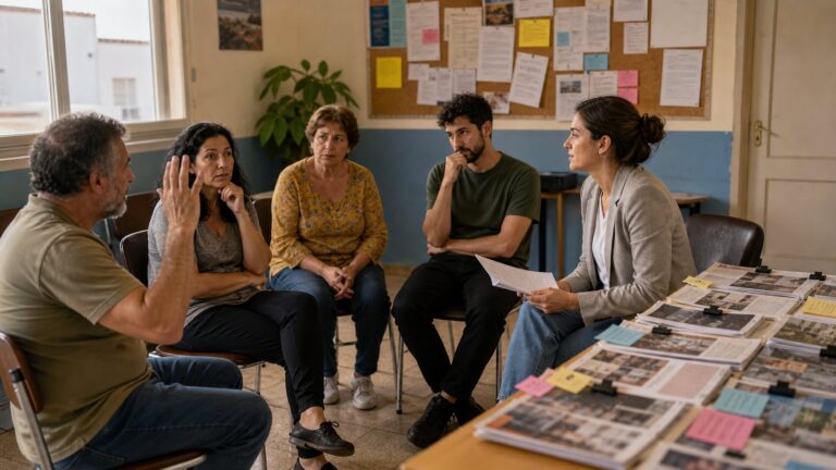 Responsable público conversa con vecinos para comprobar si una decisión ha sido comprendida.