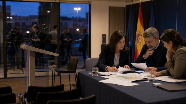 Equipo institucional prepara una comparecencia mientras verifica información durante una crisis.