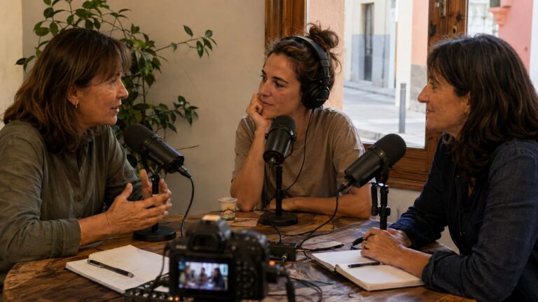 Responsable institucional conversa con una creadora digital y una periodista en un estudio pequeño.