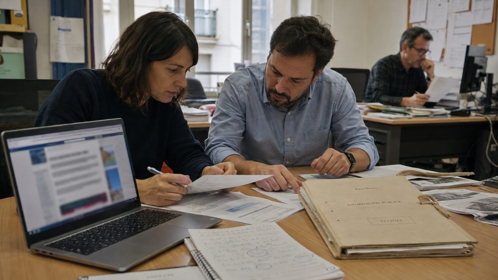 Periodista y responsable institucional contrastan un titular dudoso con documentos y fuentes originales.