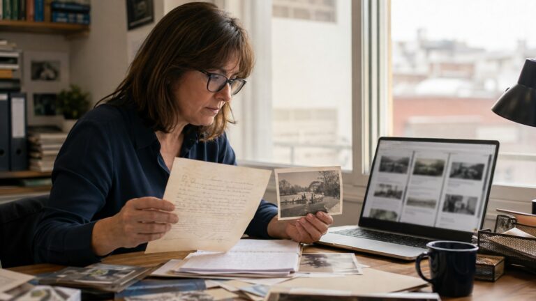 Periodista consulta un documento original mientras compara varias versiones automáticas en una pantalla.