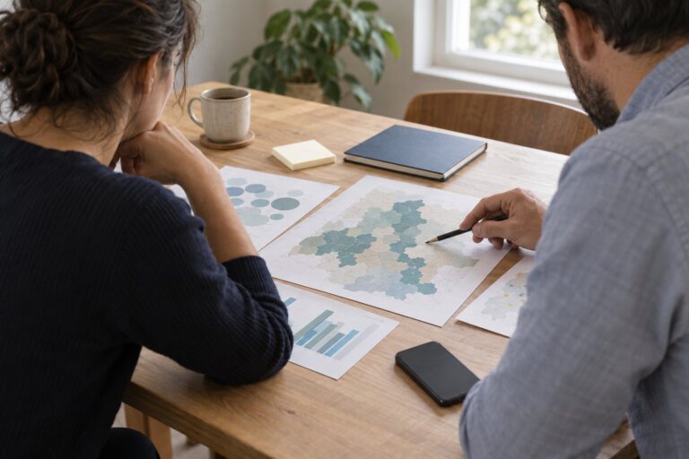 Equipo de campaña revisa datos y un mapa antes de tomar una decisión.