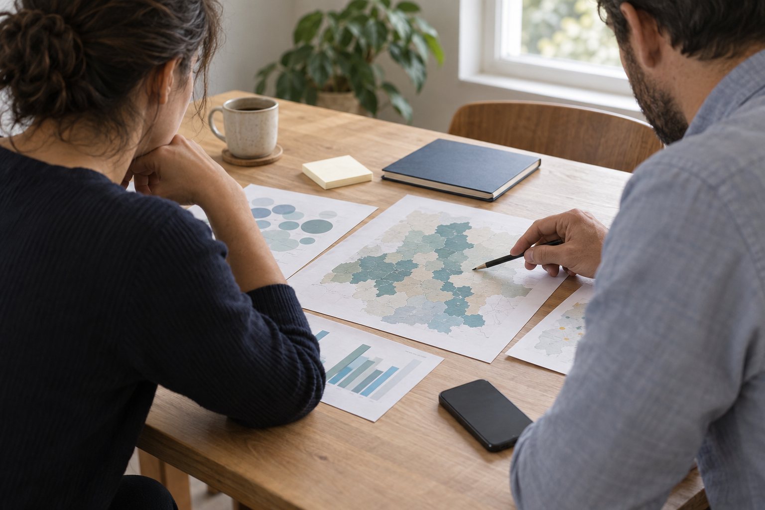 Equipo de campaña revisa datos y un mapa antes de tomar una decisión.